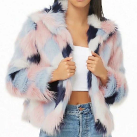 Colorblock Faux Fur Pink Blue Jacket 